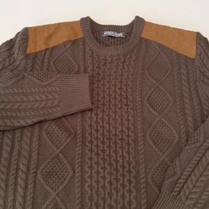 PJ Paul Jones Mens Brown Cable Knit Sweater Suede Shoulder Patches Size L